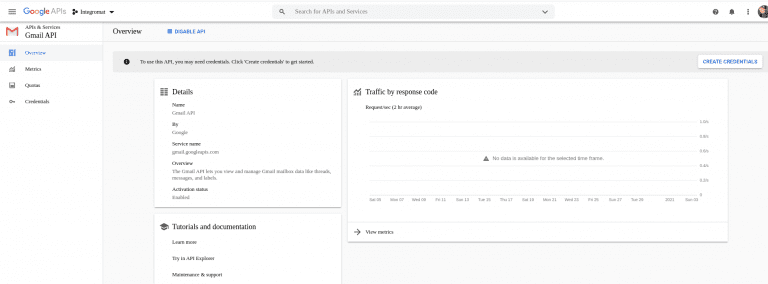 gmail api dashboard
